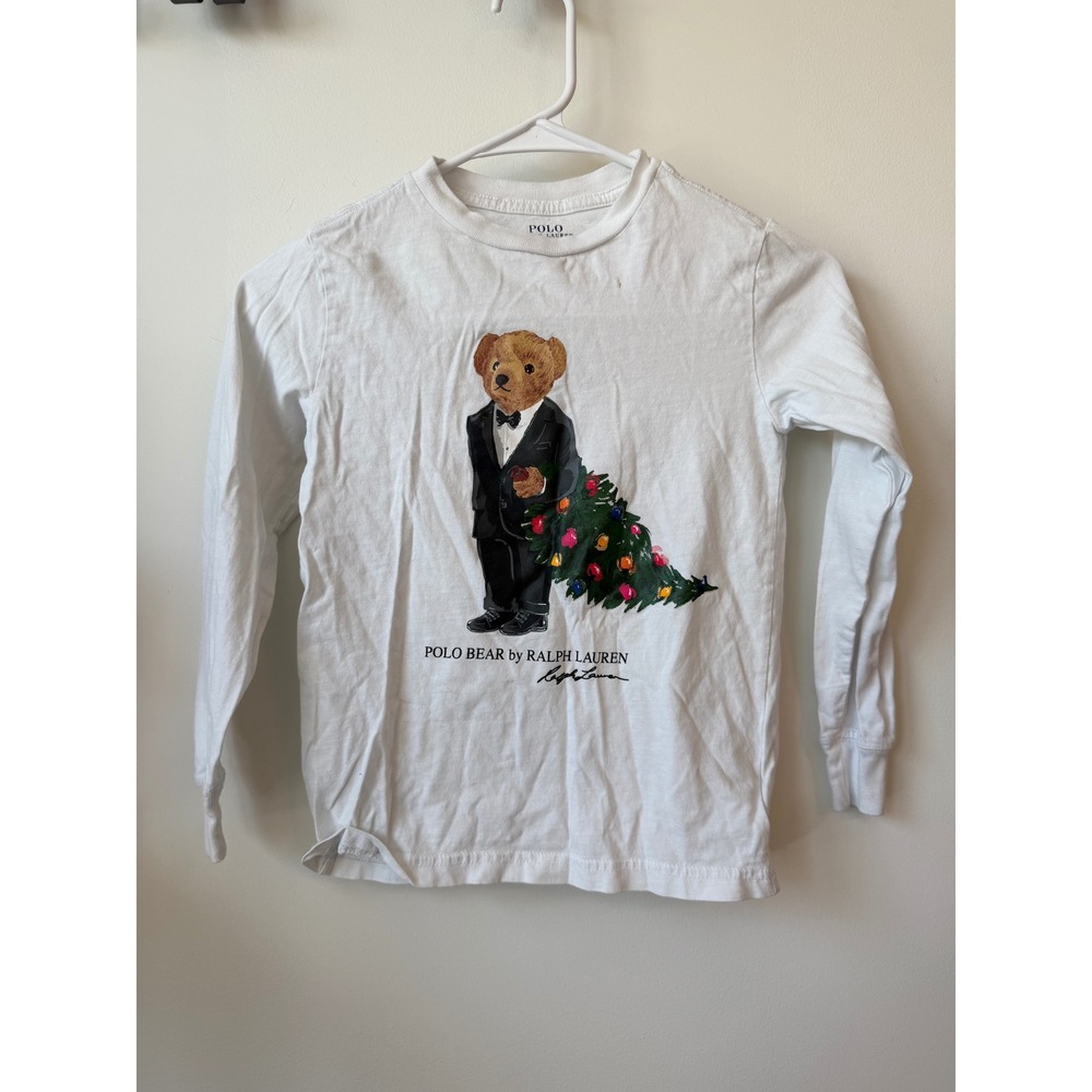 Polo Ralph Lauren Kids White Polo Bear Christmas Tree Tuxedo Graphic Tee Size 6